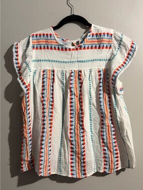 Grace + Karma Multicolored Embroidery Flutter Sleeve Boho Keyhole Back Blouse